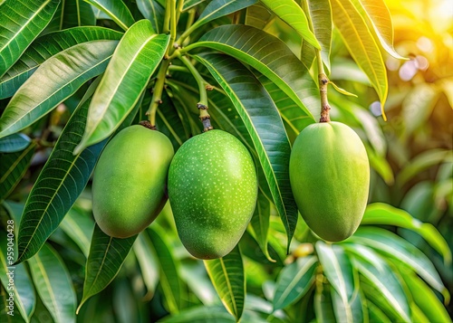 Vibrant green mango with slight yellow undertones and few brown spots, nestled among lush leaves on a sunny tree branch, bursting with tropical flavor and freshness. photo