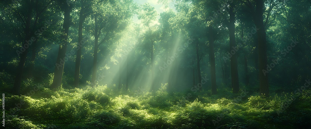 Sunbeams illuminating a lush forest floor with green foliage. Sunbeams illuminating a lush forest floor with green foliage.