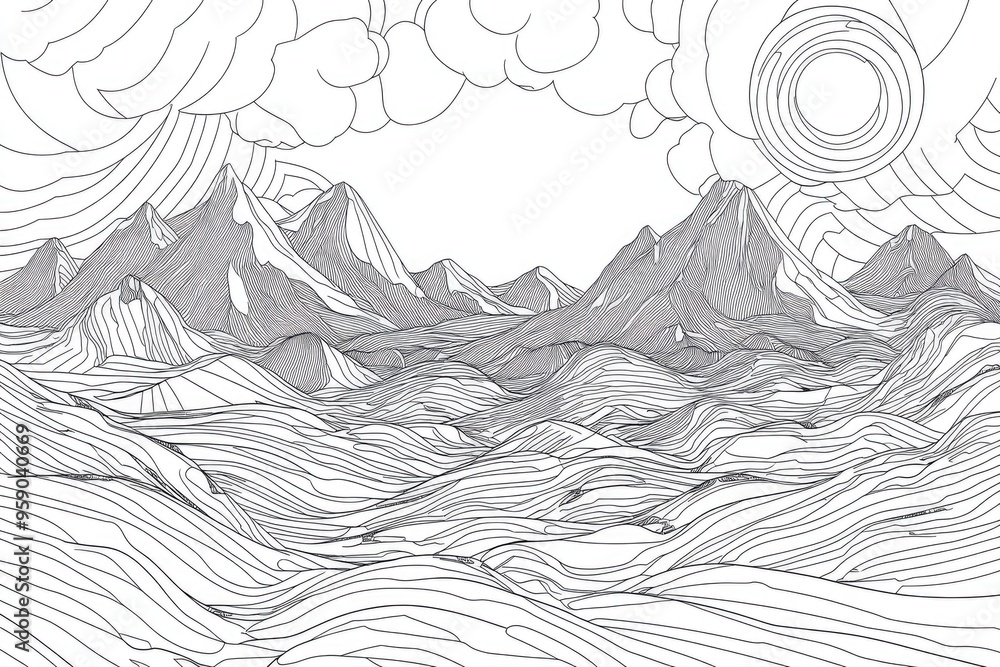 Geometric landscape illustration featuring linear fill elements for anti stress coloring Geometric landscape illustration featuring linear fill elements for anti stress coloring