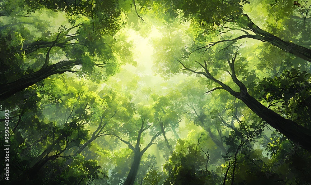 Fototapeta premium Sunlight Filtering Through Dense Forest Canopy