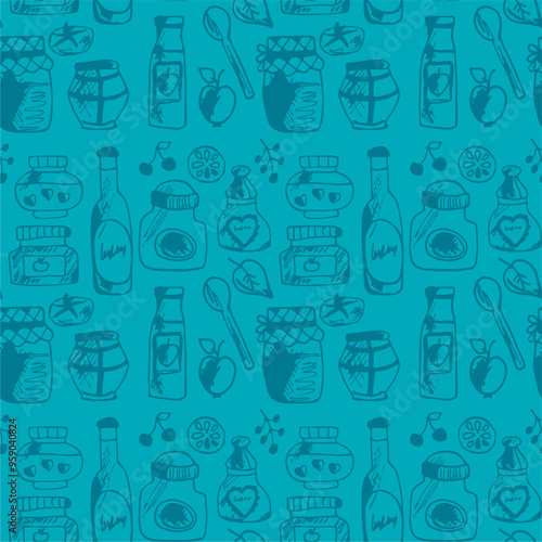 Seamless print pattern with jars and bottles with different food kitchen wallpaper background for textile, paper 