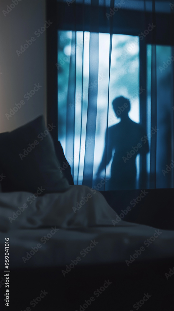 a shadow behind the curtains of a bedroom window. terror and horror concept - a male figure stands outside in an unsettling moment on a balcony of a home or condominium a shadow behind the curtains of a bedroom window. terror and horror concept - a male figure stands outside in an unsettling moment on a balcony of a home or condominium