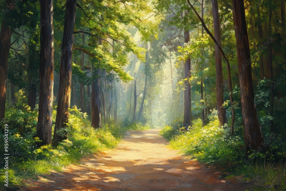 Obraz premium A Sun-Drenched Path Through a Lush Green Forest