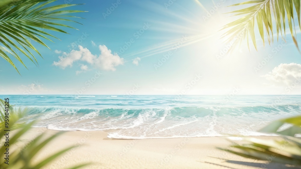 Obraz premium A bright summer background with sunlight and beach elements, conveying a feeling of relaxation and warmth with a place for text.