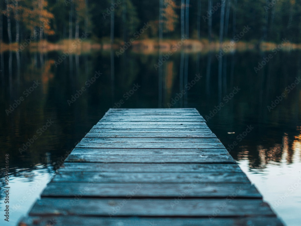 A wooden dock extends out into a still lake with a forest in the background. The water is calm and reflective. A wooden dock extends out into a still lake with a forest in the background. The water is calm and reflective.