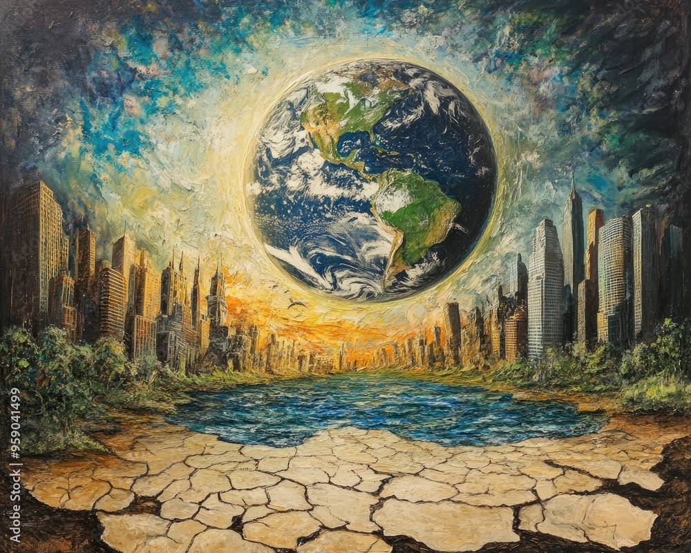Oil painting depicting Earth drought reckless development environmental ...