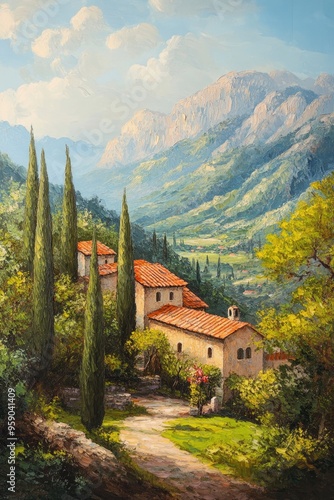 High quality oil painting capturing a picturesque valley nestled among mountains