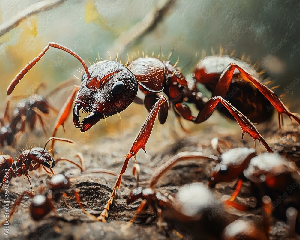 Close up macro photography of ants showcasing intricate details and textures in an oil painting style Close up macro photography of ants showcasing intricate details and textures in an oil painting style