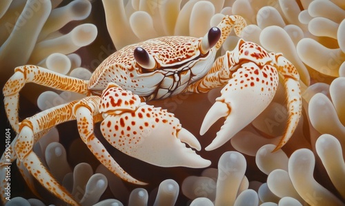 Close up oil painting of a spotted porcelain crab Neopetrolisthes maculatus engaging in grooming behavior within an anemone coral photo