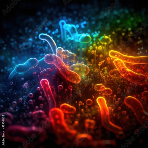 Glowing bacteria in a colorful array, working in harmony within the gut to maintain balance and health.