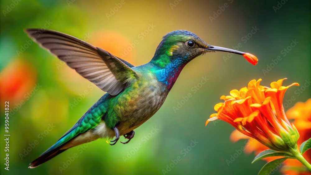 Vibrant hummingbird with iridescent feathers and extended tongue sips nectar from a bright orange flower against a blurred green foliage background. Vibrant hummingbird with iridescent feathers and extended tongue sips nectar from a bright orange flower against a blurred green foliage background.