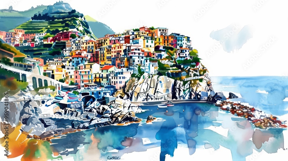 Naklejka premium Vibrant watercolor painting of a coastal village with colorful houses, cliffs, and a calm blue sea under a bright sky.