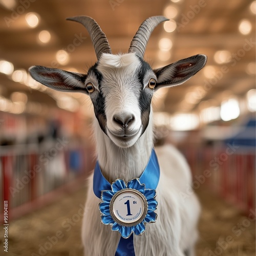 Close view of a prize winning goat at the county fair.