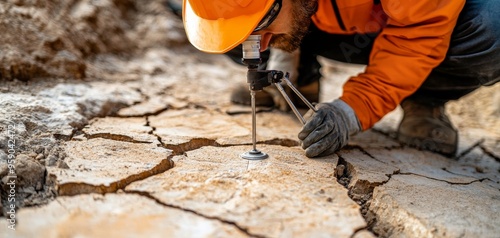 A worker secures a metal piece to cracked ground. photo