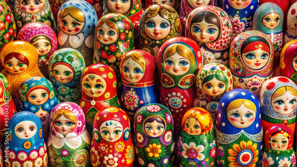 Seamless Pattern of Colorful Matryoshka Dolls with Intricate Folk Designs Seamless Pattern of Colorful Matryoshka Dolls with Intricate Folk Designs