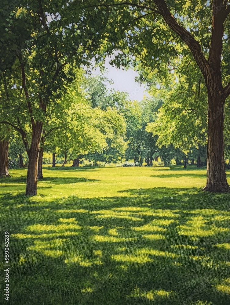 Oil painting depicting a vibrant lawn with lush green grass surrounded by trees on a bright day captured from a low angle showcasing lawn aesthetics and natural beauty Oil painting depicting a vibrant lawn with lush green grass surrounded by trees on a bright day captured from a low angle showcasing lawn aesthetics and natural beauty