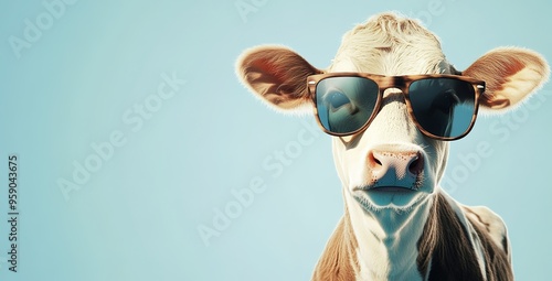 A humorous and stylish portrait of a cow wearing sunglasses 