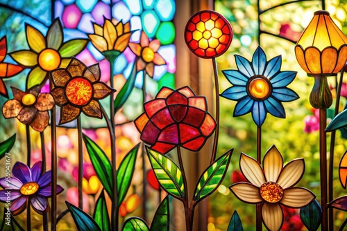 Vibrant, intricately crafted stained glass flowers in various colors and shapes, set against a soft, subtle background, evoking a sense of delicate beauty and elegant simplicity. photo