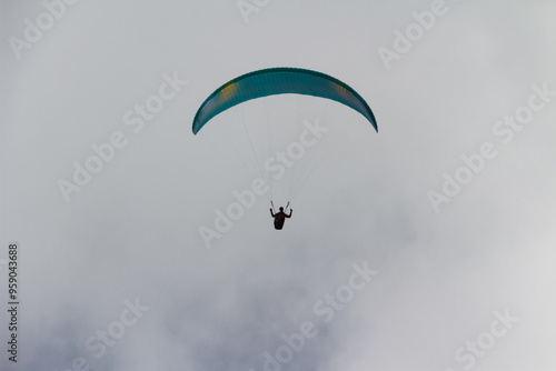 Panorama of alps. Extreme sports in mountains. High resolution photo. Ski, parasailing, climbing, alpinism.