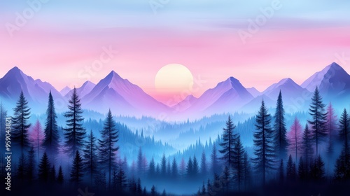 Serene mountain landscape at sunrise, featuring vibrant colors blending in the sky, with lush forests and tranquil valleys below. photo