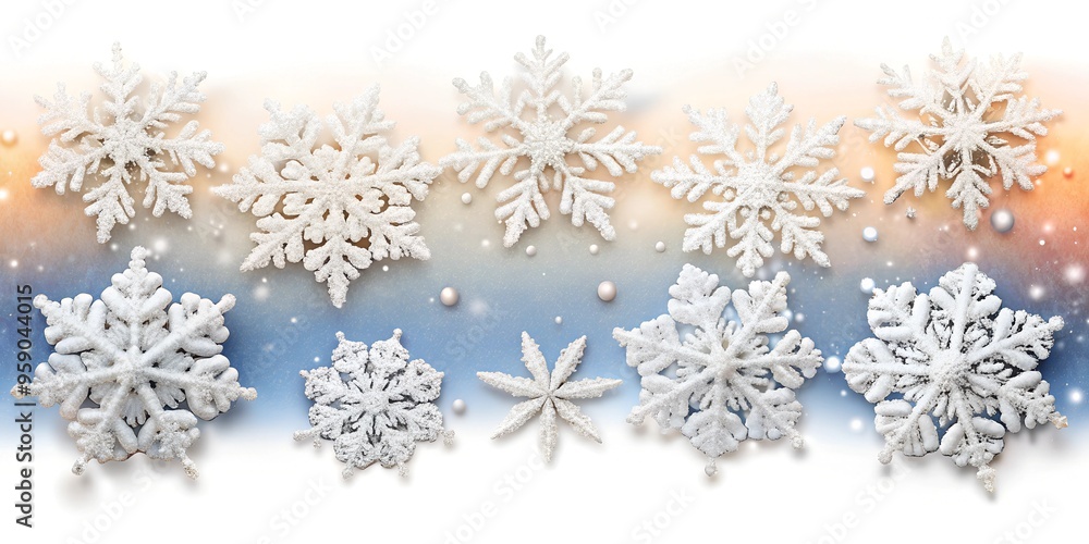 Beautiful white snowflakes on a blue and orange ombre background with copy space. Perfect for winter, holiday, or seasonal designs. Beautiful white snowflakes on a blue and orange ombre background with copy space. Perfect for winter, holiday, or seasonal designs.