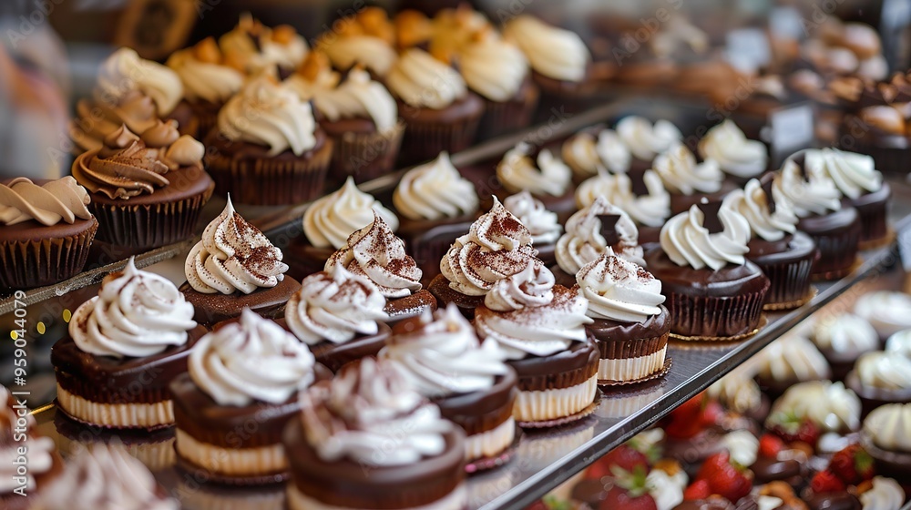 Close-up shot of assorted chocolate cupcakes with white frosting and chocolate sprinkles on display in a bakery window. Close-up shot of assorted chocolate cupcakes with white frosting and chocolate sprinkles on display in a bakery window.