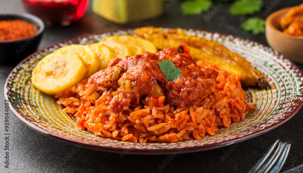 Nigerian jollof rice, spicy tomato-infused rice with peppers, onions and chicken with fried plantains.