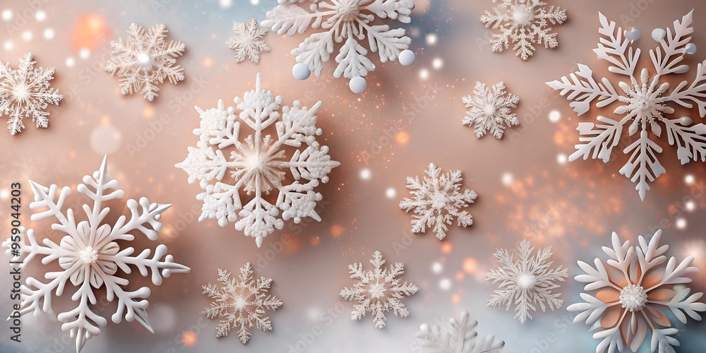 Beautiful white snowflakes on a blue and orange ombre background with copy space. Perfect for winter, holiday, or seasonal designs. Beautiful white snowflakes on a blue and orange ombre background with copy space. Perfect for winter, holiday, or seasonal designs.
