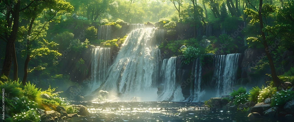 Majestic waterfall cascading down moss covered rocks in a lush green forest with sunlight streaming through the trees. Majestic waterfall cascading down moss covered rocks in a lush green forest with sunlight streaming through the trees.