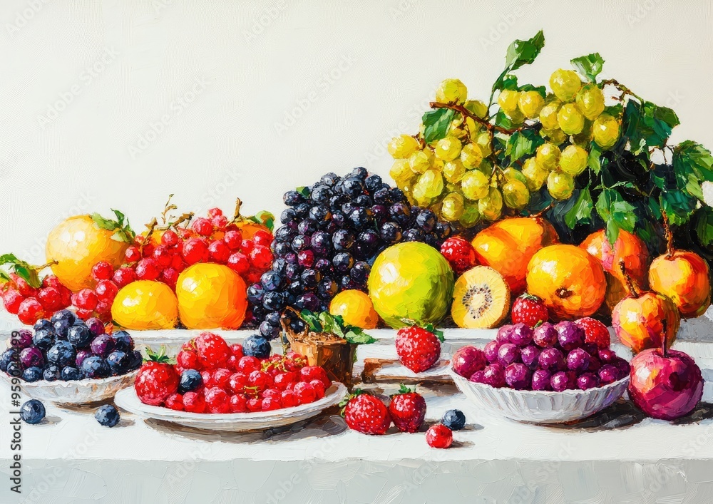 Vibrant oil painting featuring a variety of fresh fruits displayed on clean dishes against a white background showcasing an assortment of colorful fruits Vibrant oil painting featuring a variety of fresh fruits displayed on clean dishes against a white background showcasing an assortment of colorful fruits