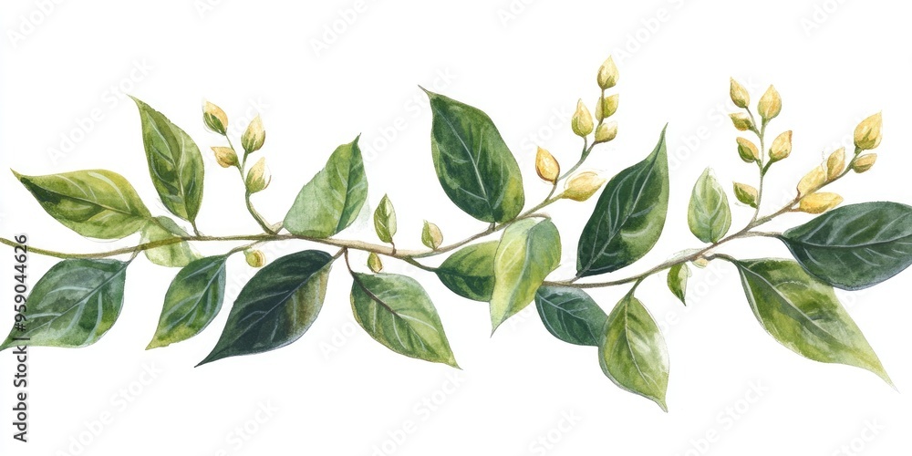 Elegant Watercolor Illustration of Vibrant Green Leaves and Buds for Botanical Enthusiasts Elegant Watercolor Illustration of Vibrant Green Leaves and Buds for Botanical Enthusiasts