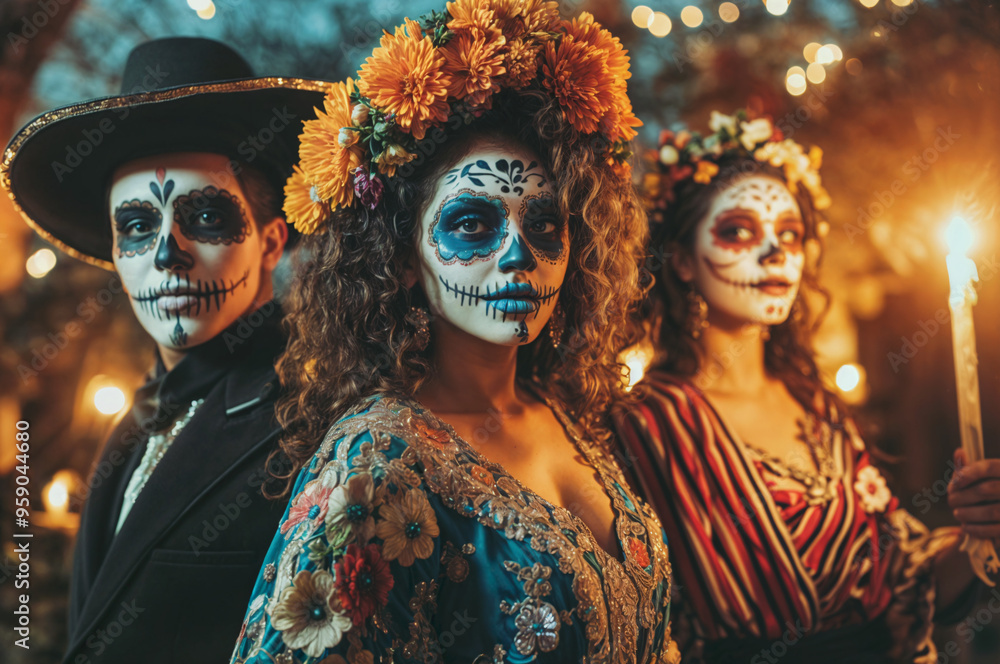 Three people in Day of the dead costumes with face paint and floral headpieces Three people in Day of the dead costumes with face paint and floral headpieces