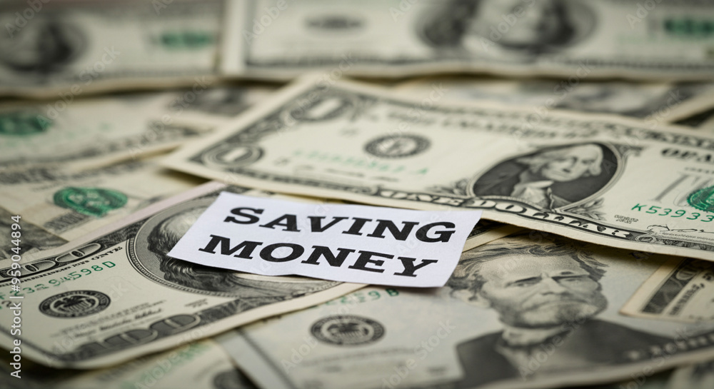 Money saving concept with cash and banknotes on the table showcasing values Money saving concept with cash and banknotes on the table showcasing values