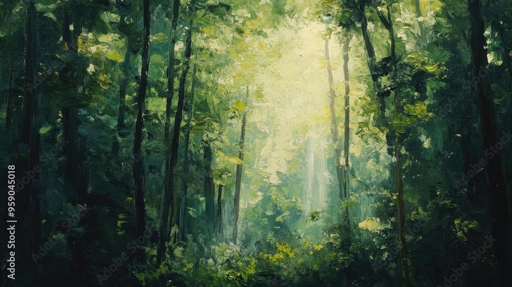 Obraz premium Vertical oil painting of lush green forest trees with sunlight filtering through creating a serene natural backdrop