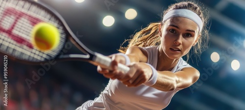 A focused tennis player lunges to hit a forehand shot during a competitive match in an indoor arena at night