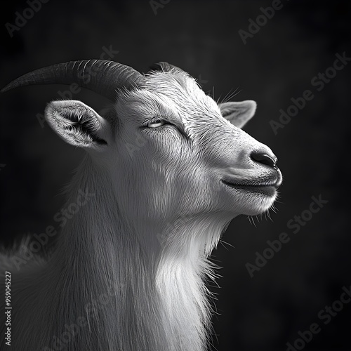 Portrait of a goat in black and white, showcasing fine details photo photo