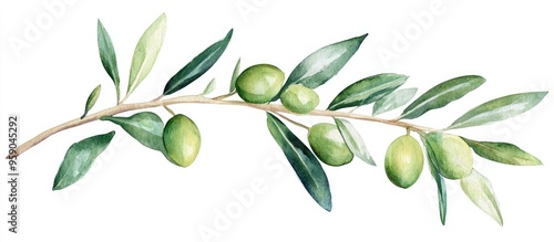 Elegant Watercolor Olive Branch Illustration Showcasing Vibrant Green Olives and Lush Foliage