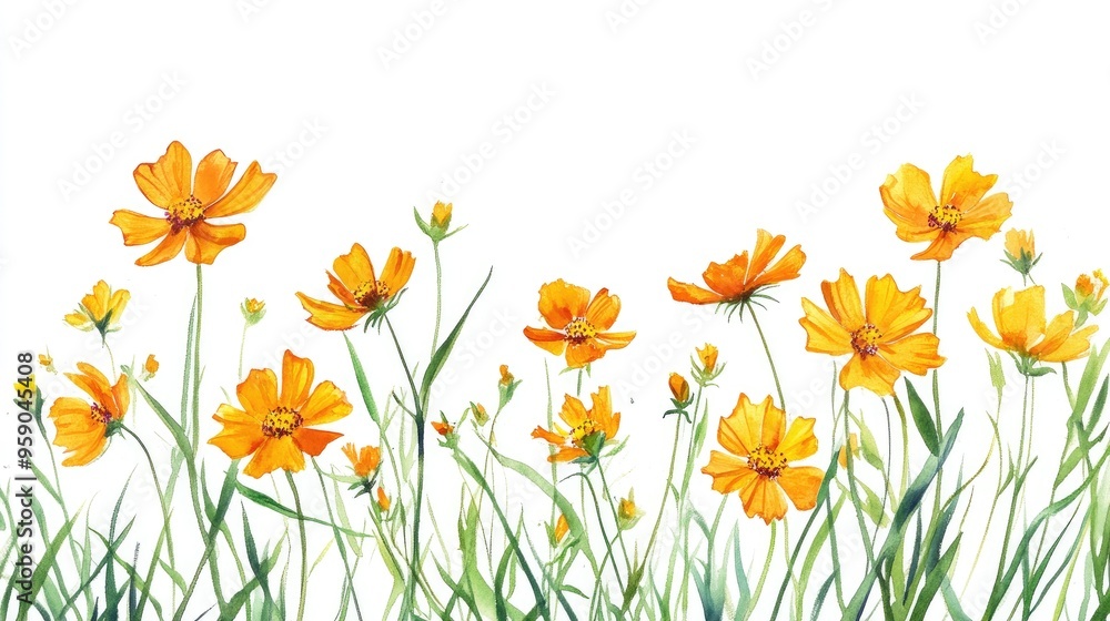 Fototapeta premium Captivating Watercolor of Vibrant Yellow Flowers in a Lush Garden Setting