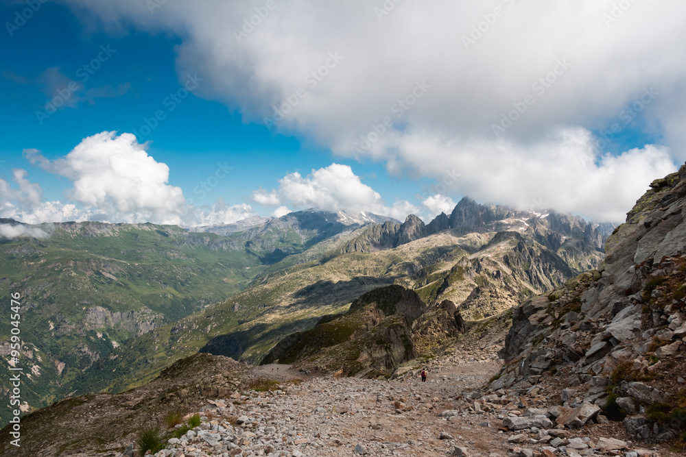 Fototapeta premium Panorama of alps. Extreme sports in mountains. High resolution photo. Ski, parasailing, climbing, alpinism.