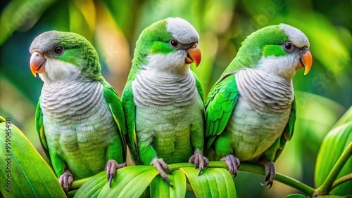 Vibrant Male Quaker Parrots Flaunt Their Bright Emerald And Grey Plumage, Creating A Captivating Display Of Colors. photo