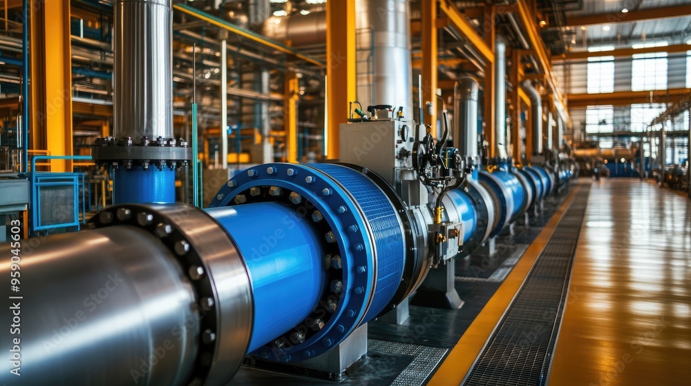 Industrial pipe system with blue pipes. This photo is ideal for illustrating concepts related to heavy industry, manufacturing, and infrastructure. Industrial pipe system with blue pipes. This photo is ideal for illustrating concepts related to heavy industry, manufacturing, and infrastructure.