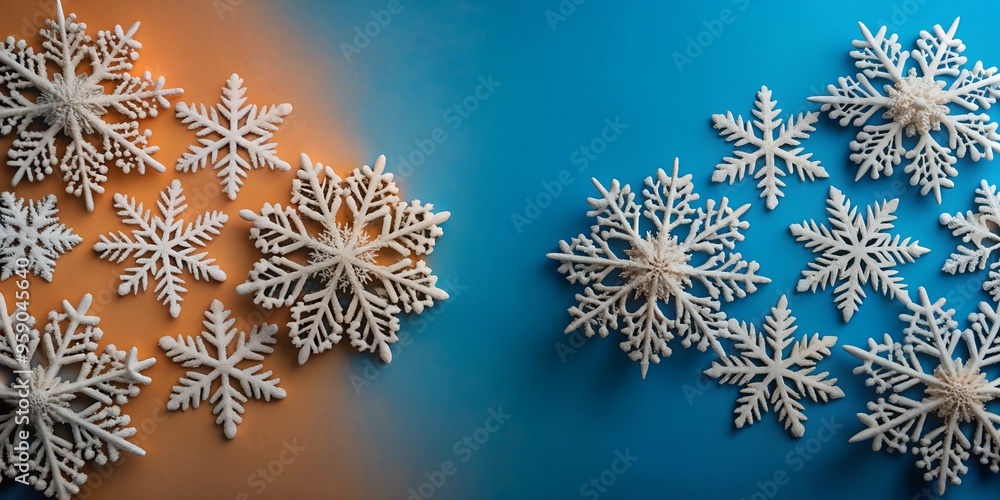 Beautiful white snowflakes on a blue and orange ombre background with copy space. Beautiful white snowflakes on a blue and orange ombre background with copy space.