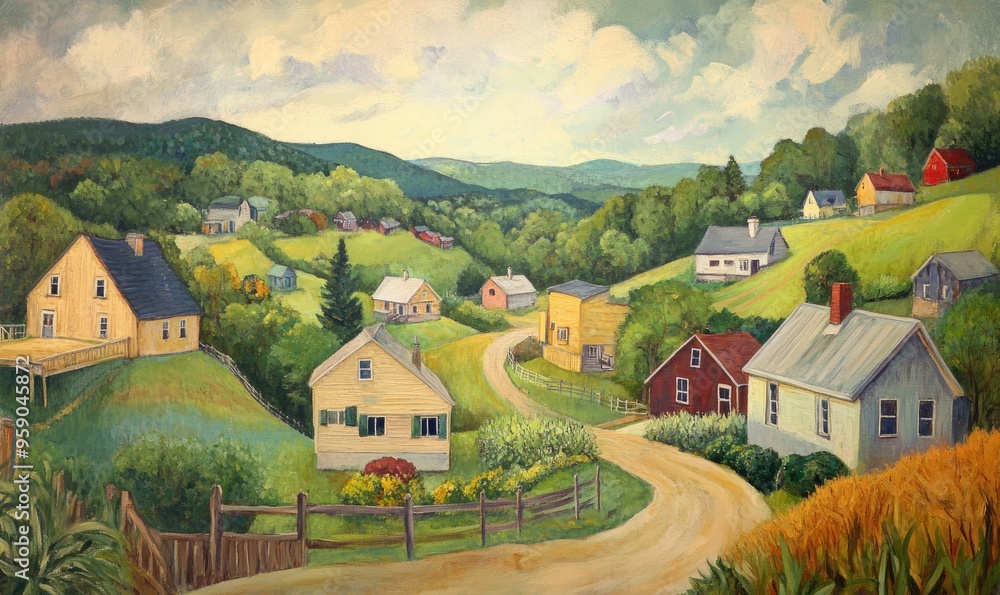 Oil painting depicting a sweeping landscape of homes surrounded by lush green fields Oil painting depicting a sweeping landscape of homes surrounded by lush green fields