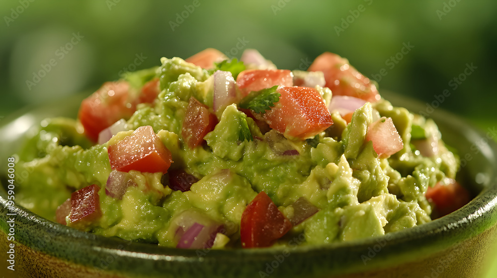 Close-Up of a Bowl of Freshly Made Guacamole with Diced Tomatoes and Onions Against a Bright Green Background Close-Up of a Bowl of Freshly Made Guacamole with Diced Tomatoes and Onions Against a Bright Green Background
