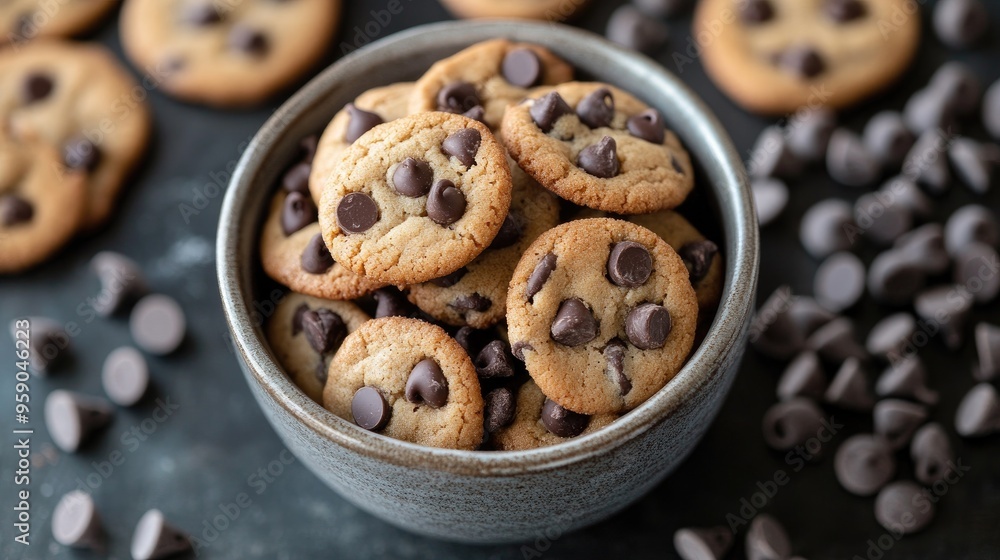 A bowl full of freshly baked chocolate chip cookies. Perfect for illustrating a recipe or showcasing homemade treats. A bowl full of freshly baked chocolate chip cookies. Perfect for illustrating a recipe or showcasing homemade treats.