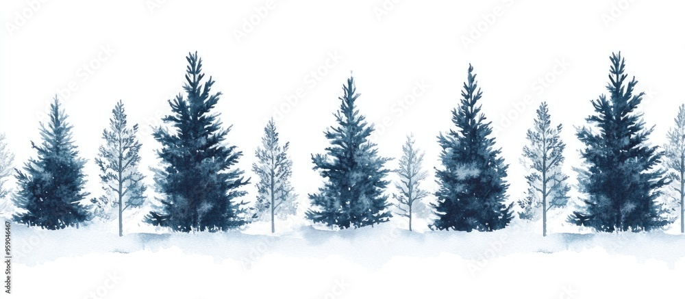 Fototapeta premium Serene Watercolor Landscape Featuring Elegant Pine Trees in Cool Blue Tones