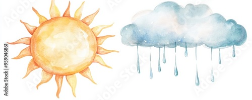 Watercolor clipart of a single sun and raincloud combined, isolate on white background, copy space