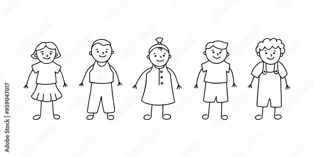 Children character stand in row, doodle hand drawn line set. Group small people, kindergarten, preschool. Vector linear illustration Children character stand in row, doodle hand drawn line set. Group small people, kindergarten, preschool. Vector linear illustration