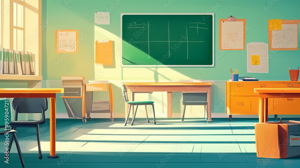 Fototapeta premium A deserted classroom's interior design is softly obscured in the backdrop. An empty classroom with a desk, chair, and blackboard at school. Not a soul is present. Cartoonish in style.