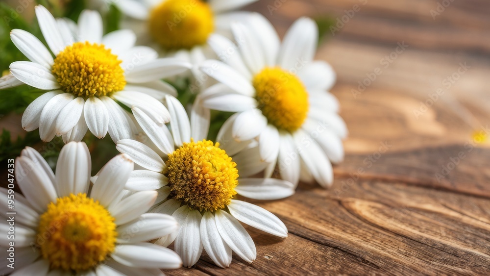 Fototapeta premium A bouquet of daisies on a wooden table with a place for text.